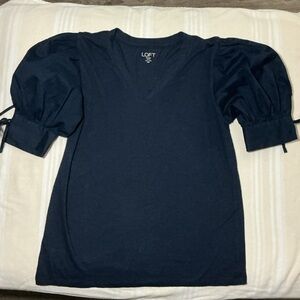 LOFT Navy V-Neck Short Sleeve Puff Shirt